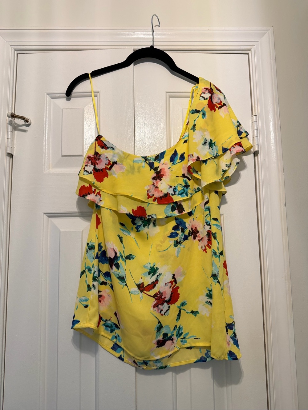 Rose + Olive Yellow Floral One-Shoulder Ruffle Top